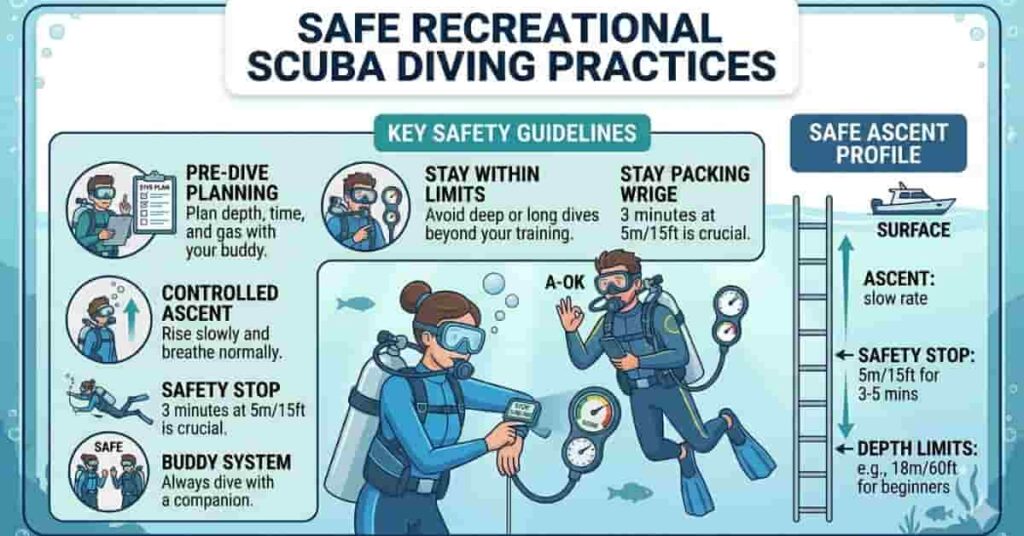 Safe recreational scuba diving infographic showing how divers reduce decompression sickness risk