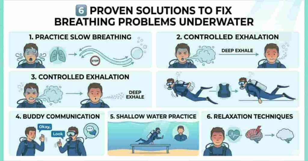 Step-by-step infographic showing solutions to fix scuba diving breathing problems underwater.