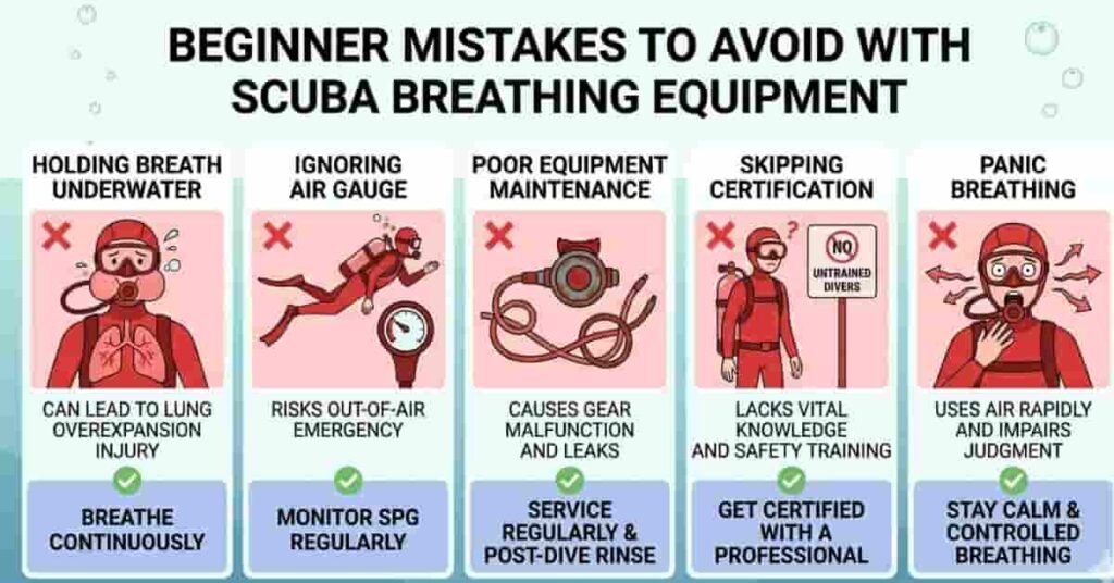 Scuba diving mistakes infographic showing beginner errors like breath holding, ignoring gauges, and panic breathing