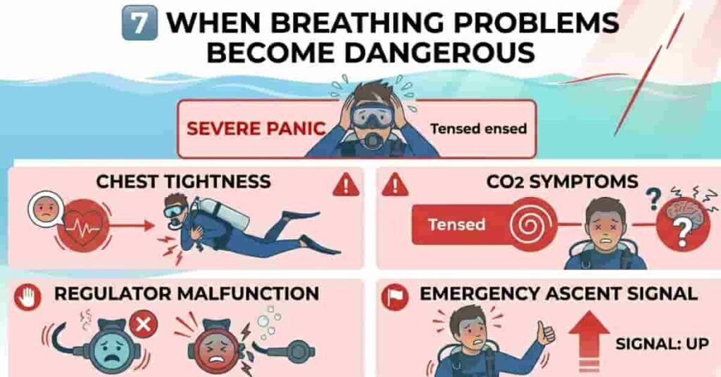 Safety infographic showing dangerous scuba diving breathing symptoms and emergency warning signs underwater.