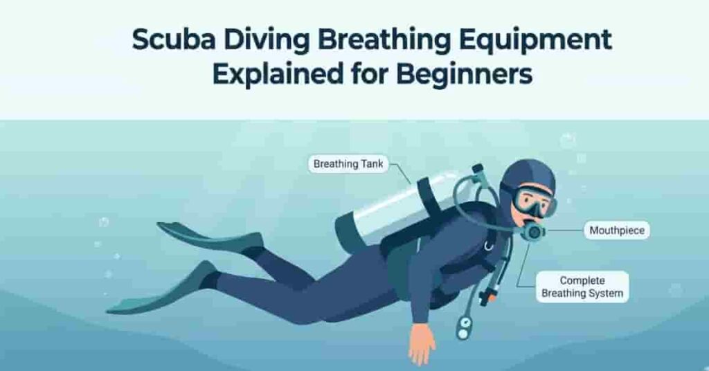 Beginner scuba diver using breathing equipment underwater with labeled tank and regulator in clean educational infographic style