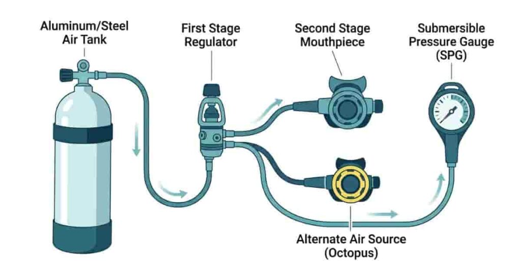 Scuba diving breathing equipment diagram showing tank, regulators, octopus, and gauge in labeled vector illustration
