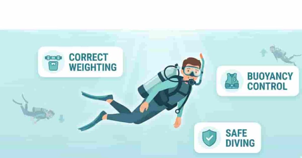 Beginner scuba diver demonstrating perfect neutral buoyancy with visual comparison of correct and incorrect scuba weighting underwater.