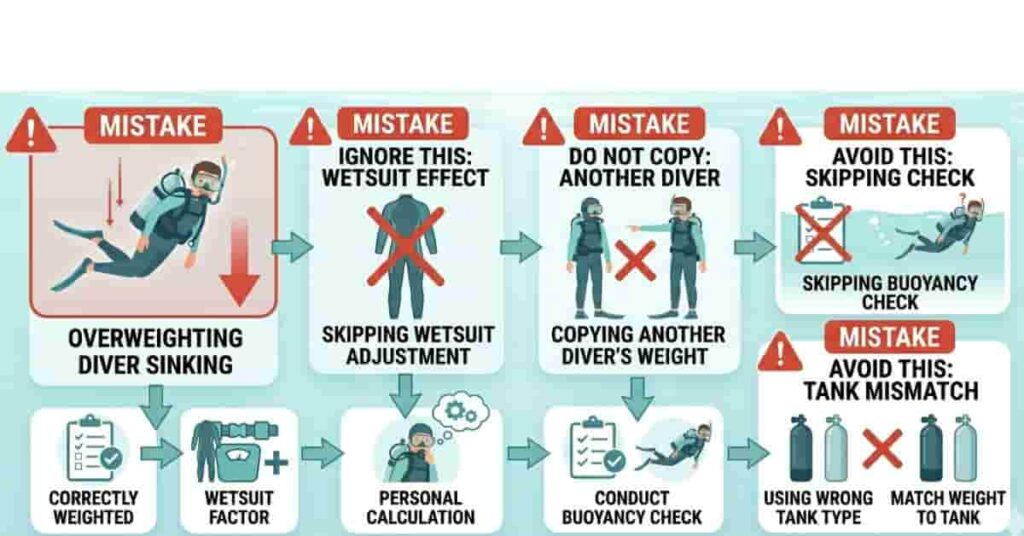 Infographic showing common scuba weight calculation mistakes such as over-weighting and skipping buoyancy checks.