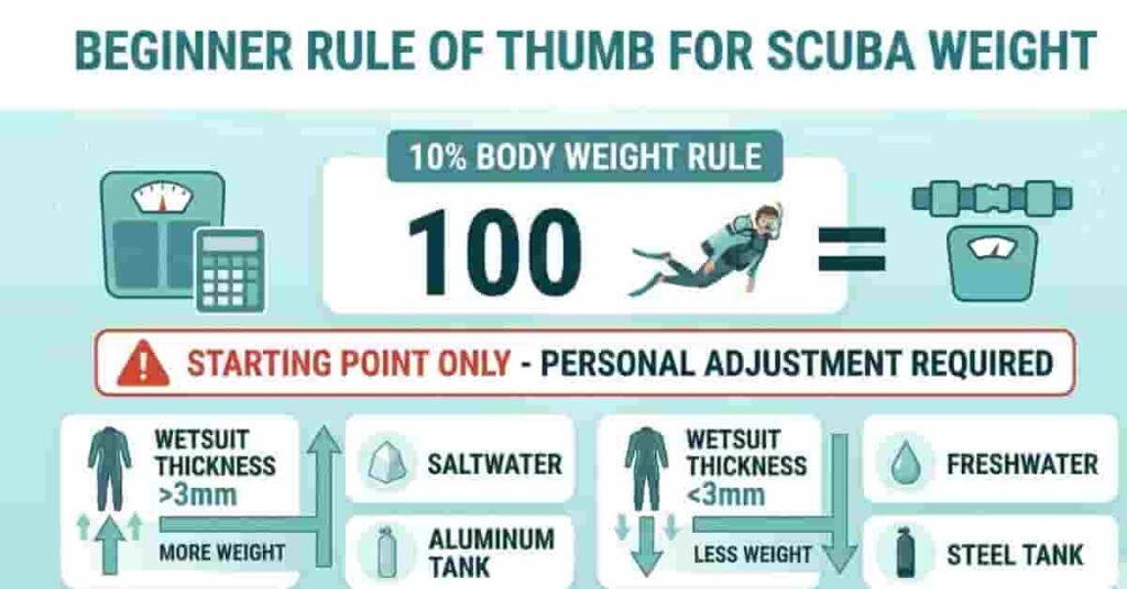 Beginner scuba weight rule of thumb showing 10% body weight starting estimate and adjustment factors.