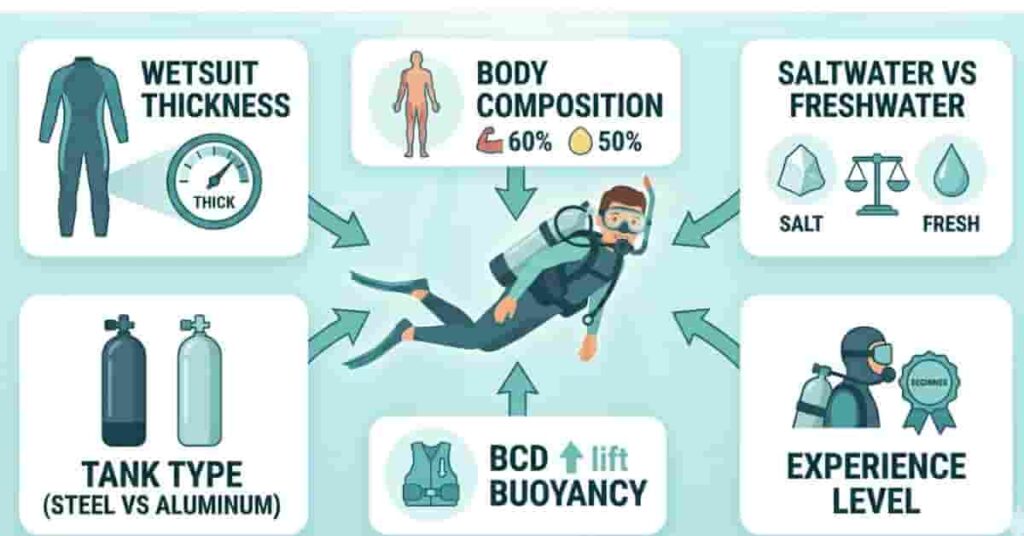 Diagram showing key factors that affect scuba diving weight including wetsuit, tank type, and water conditions.