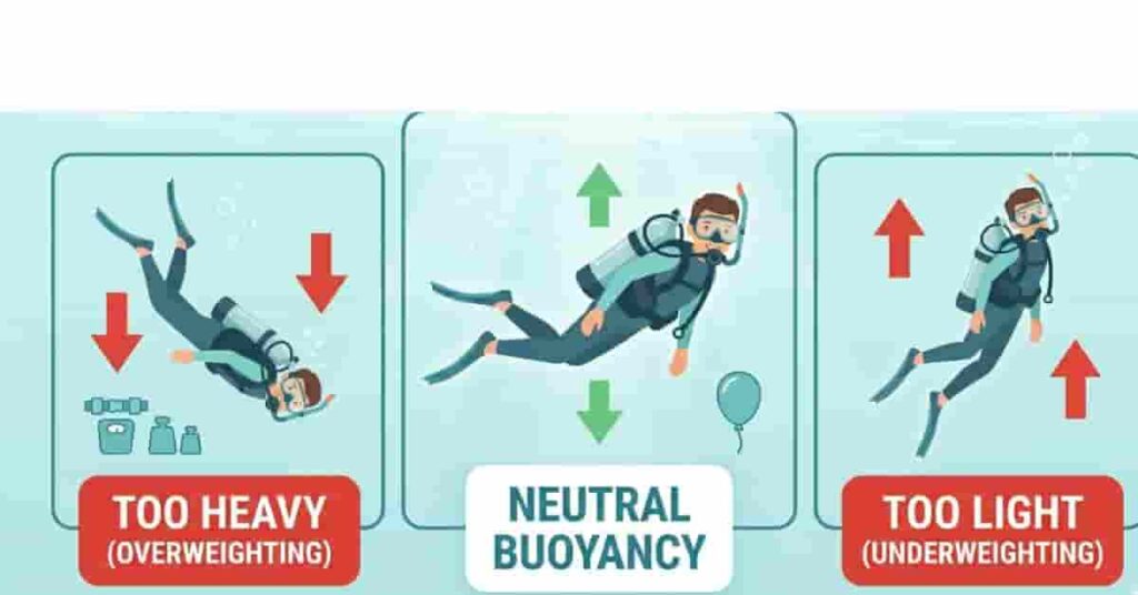 Scuba diver showing neutral buoyancy with comparison of over-weighting and under-weighting effects underwater.