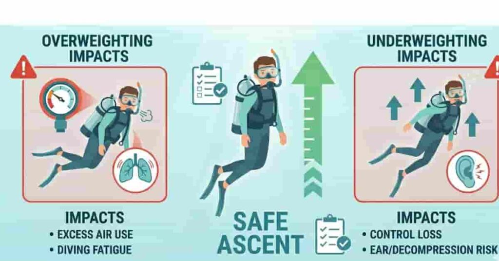 Illustration showing how proper scuba weighting improves safety, air control, and ascent stability.