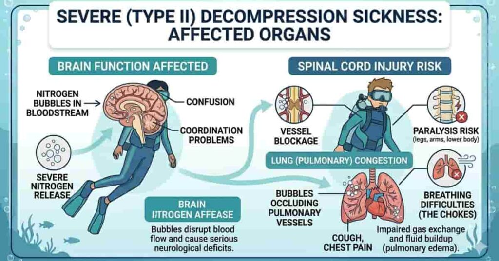 Vector infographic showing dangerous effects of severe decompression sickness on the body