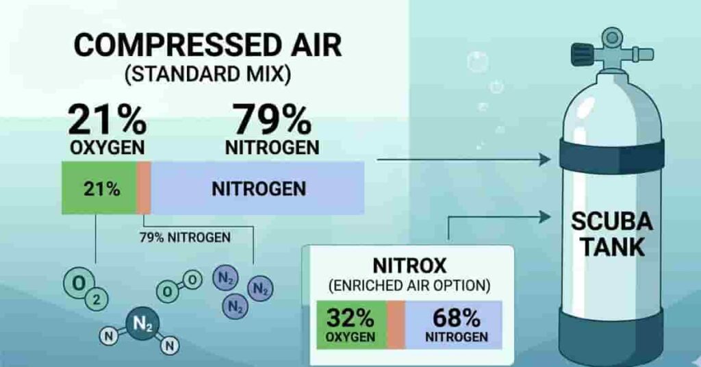 Scuba tank air composition diagram showing compressed air and Nitrox comparison in flat vector style