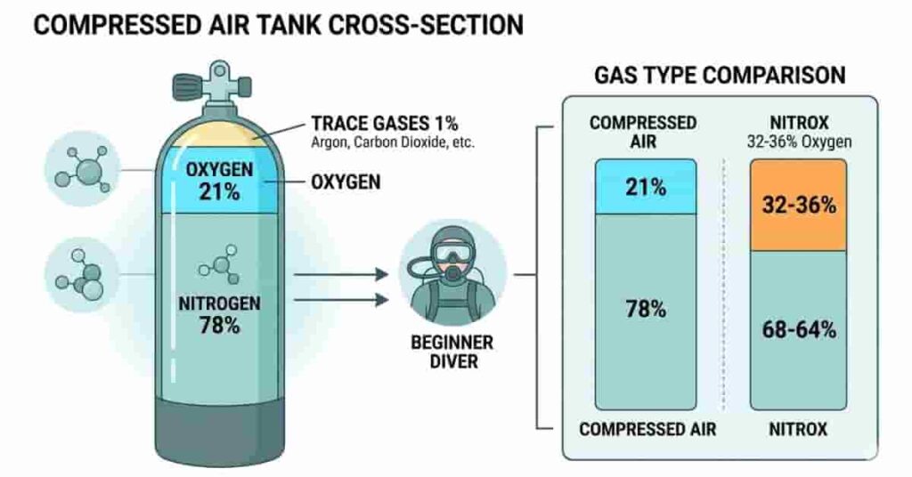 2D vector diagram showing scuba tank gas composition including nitrogen, oxygen, and trace gases with comparison to Nitrox mix.
