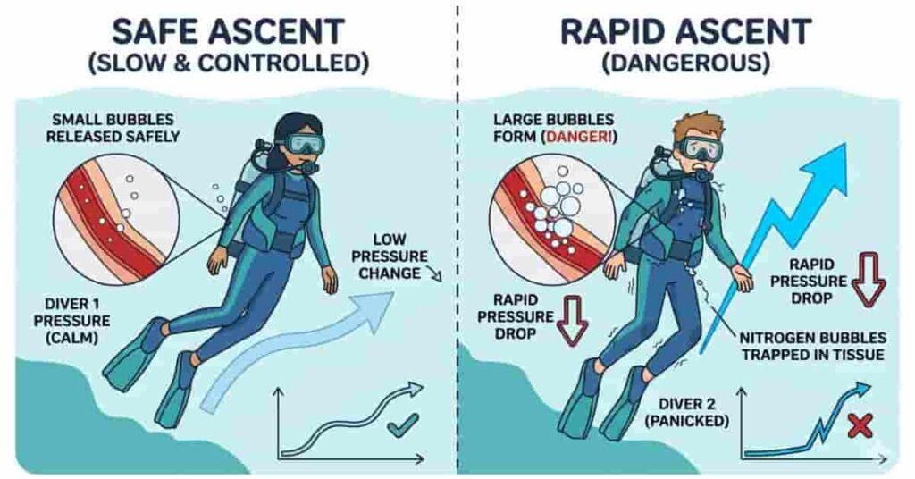 2D infographic explaining decompression sickness and nitrogen bubbles during scuba diving ascent