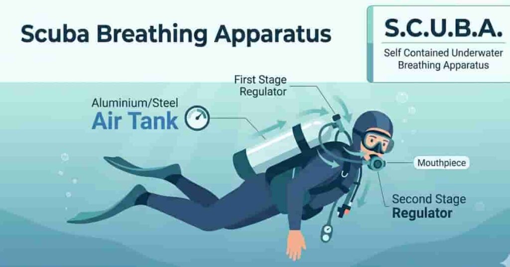2D vector diagram explaining scuba breathing apparatus with labeled tank, regulator, and airflow system for beginners
