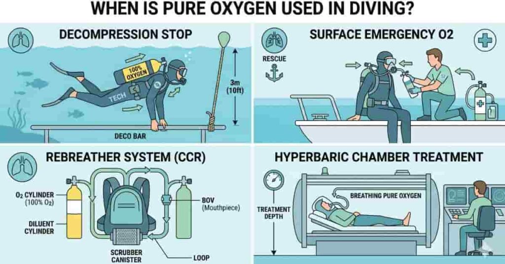 2D vector infographic showing controlled uses of pure oxygen in diving including decompression stops, emergencies, rebreathers, and medical treatment.