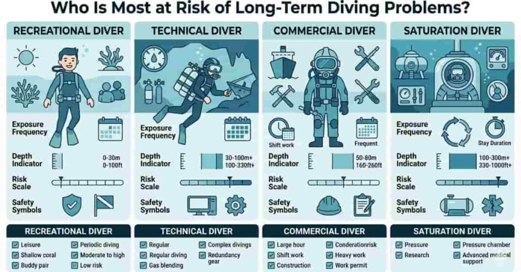 2D vector infographic comparing which divers face higher long-term diving risks.