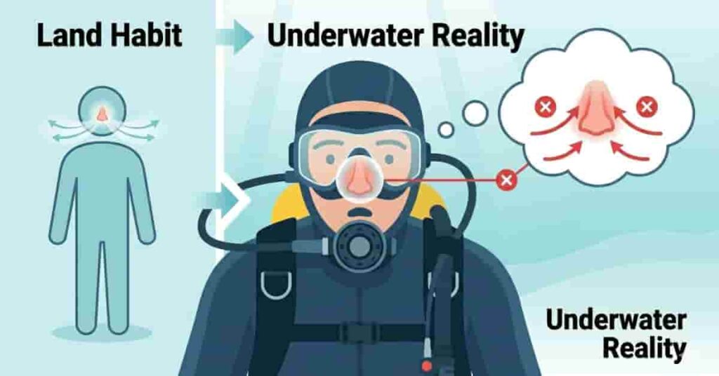 Beginner diver confused underwater trying nose breathing showing land vs scuba breathing habit difference