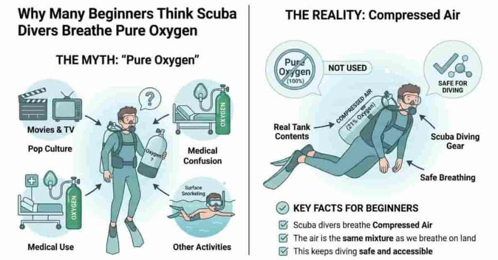 2D vector infographic showing why beginners mistakenly think scuba divers breathe pure oxygen due to movies and confusion with medical oxygen tanks.