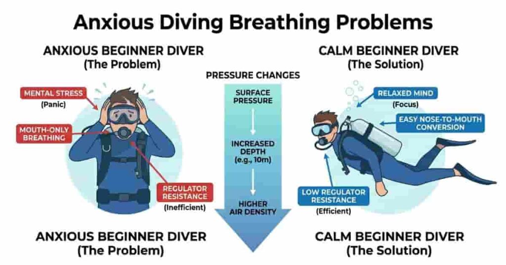 Flat vector infographic explaining why beginners feel breathing difficulty underwater, showing regulator use, mouth breathing, pressure, and anxiety factors.