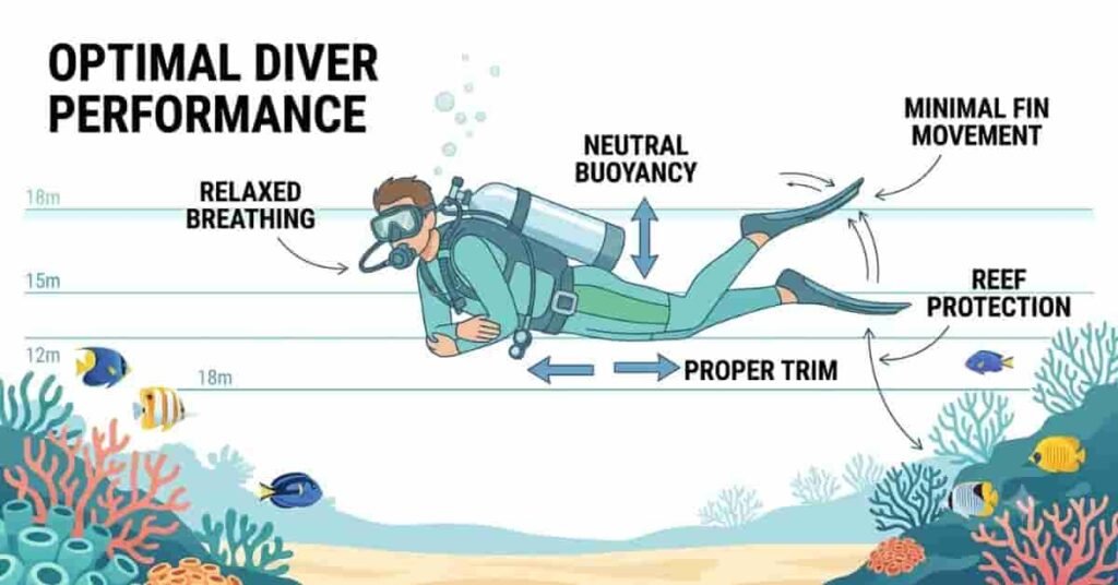 2D illustration of a scuba diver demonstrating perfect neutral buoyancy and body position underwater.