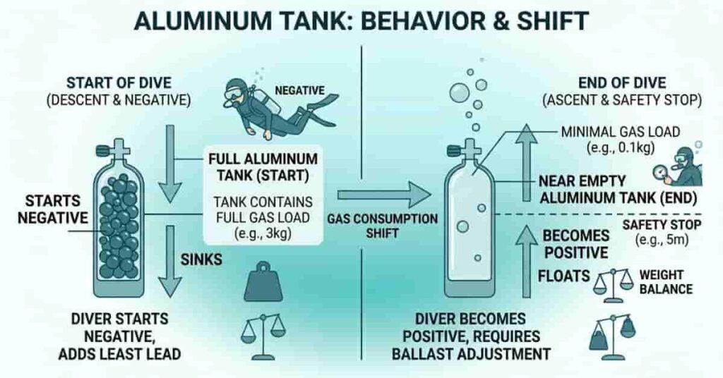Comparison chart showing steel vs aluminum scuba tanks differences in buoyancy, lead, and trim.