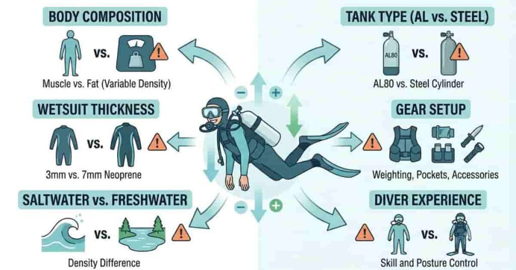 Scuba weighting factors infographic showing equipment body and environmental influences