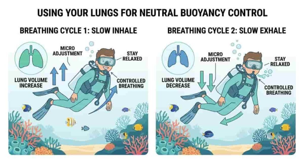 2D infographic explaining how controlled breathing helps maintain scuba diving buoyancy.