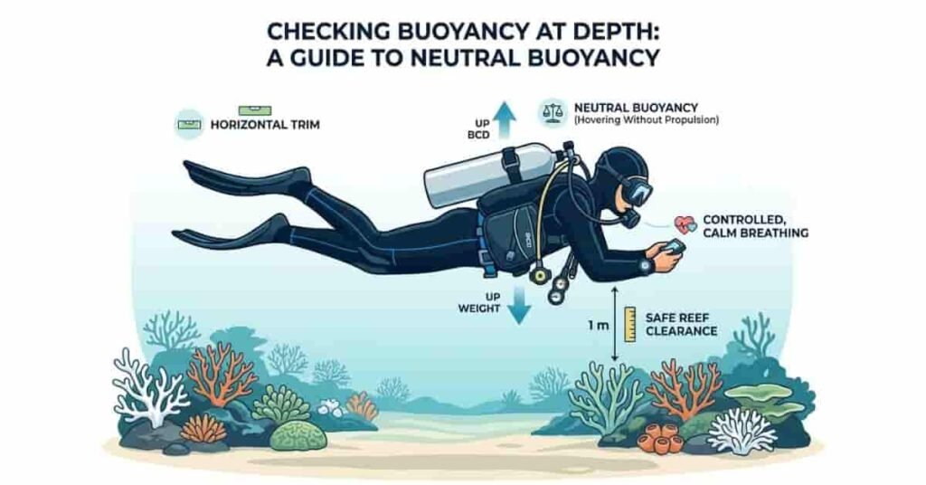 Scuba diver maintaining neutral buoyancy and proper trim at dive depth