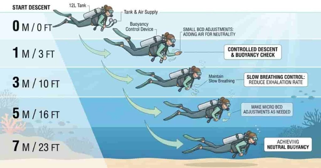 Scuba diver controlling buoyancy during descent with BCD adjustments