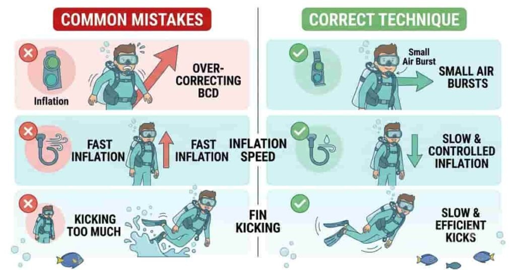 2D infographic comparing common scuba diving buoyancy mistakes with correct buoyancy control techniques.