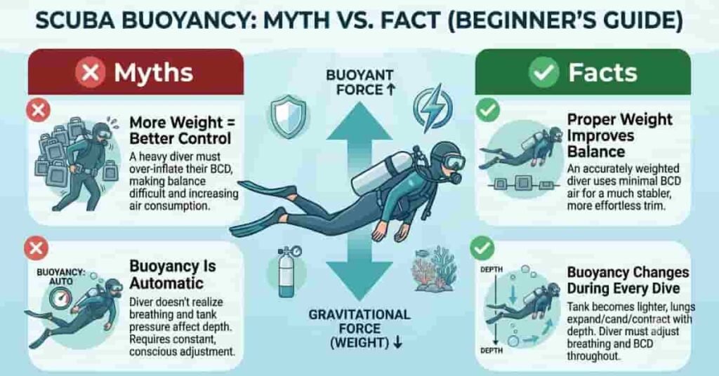Beginner-friendly infographic comparing common scuba diving buoyancy myths with accurate facts using a clear myth versus fact layout.