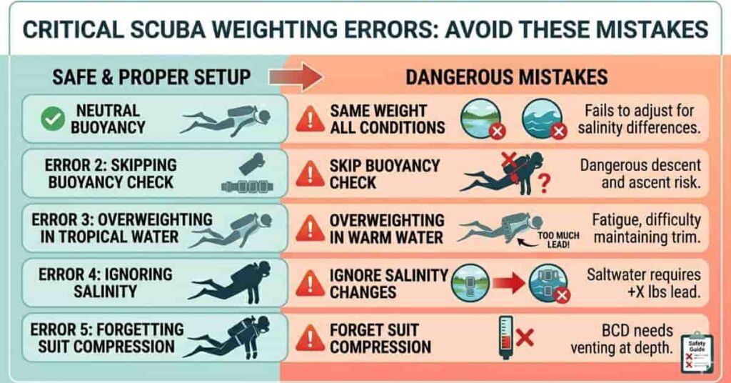 Infographic showing common scuba weighting mistakes when switching between freshwater and saltwater.