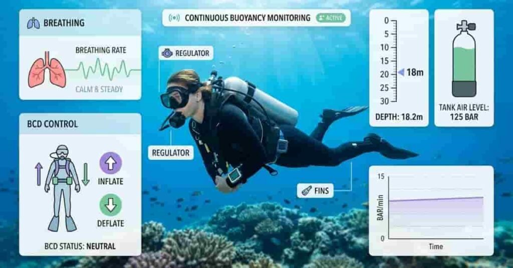 Scuba diver monitoring buoyancy control and air supply throughout a dive