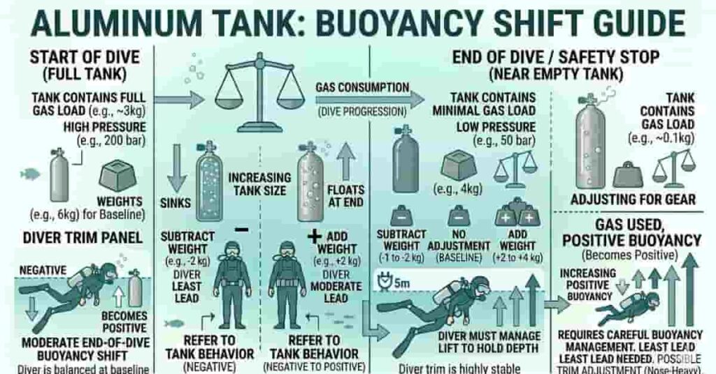 Diagram showing end-of-dive buoyancy changes as scuba tank becomes lighter and more buoyant.