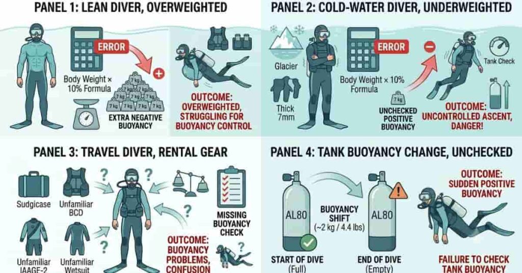 Example scenarios showing when the 10 percent scuba weighting rule becomes inaccurate