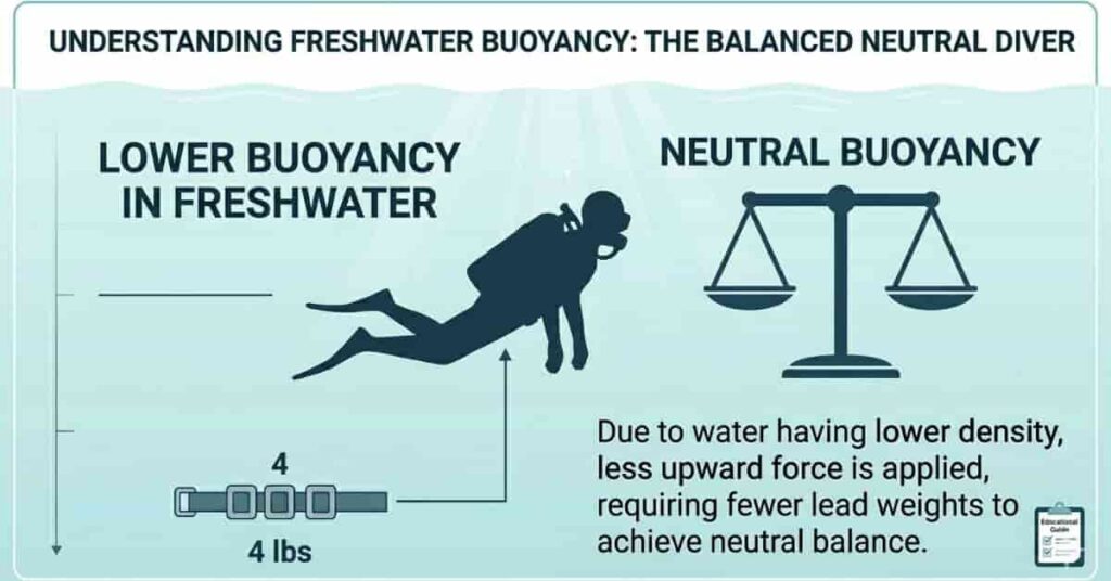 Diver maintaining neutral buoyancy in freshwater with reduced scuba weight setup.