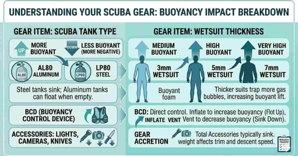 Scuba gear diagram showing how equipment affects weighting in freshwater and saltwater diving.