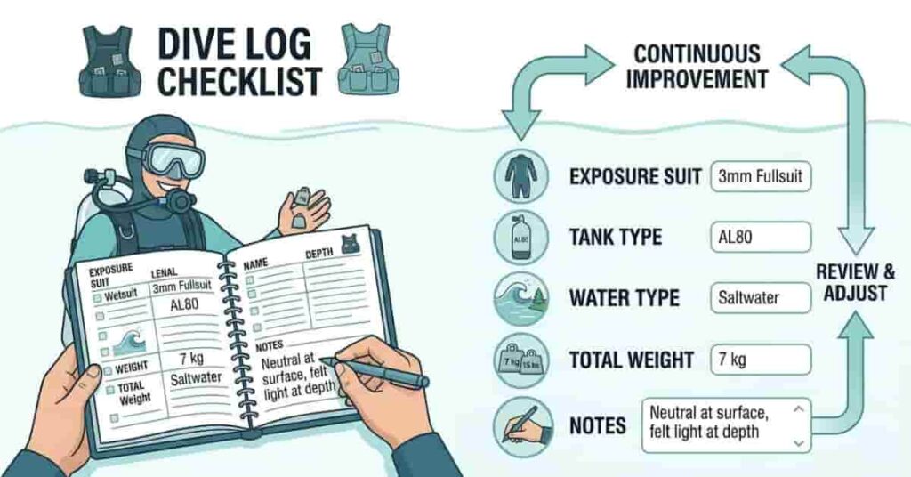 Dive logging infographic showing how experienced divers calculate scuba weight more accurately