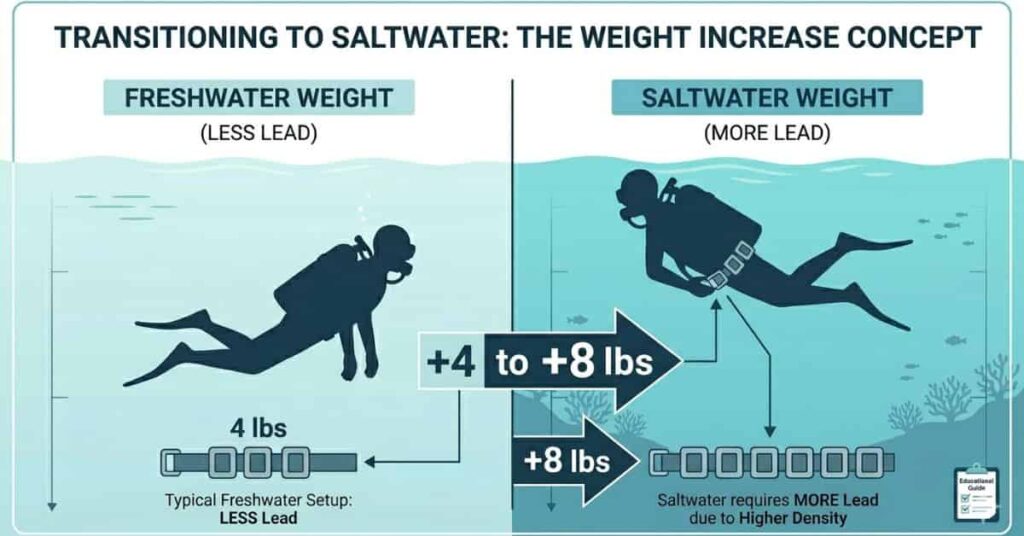 Scuba diver adding extra lead weight when switching from freshwater to saltwater diving.