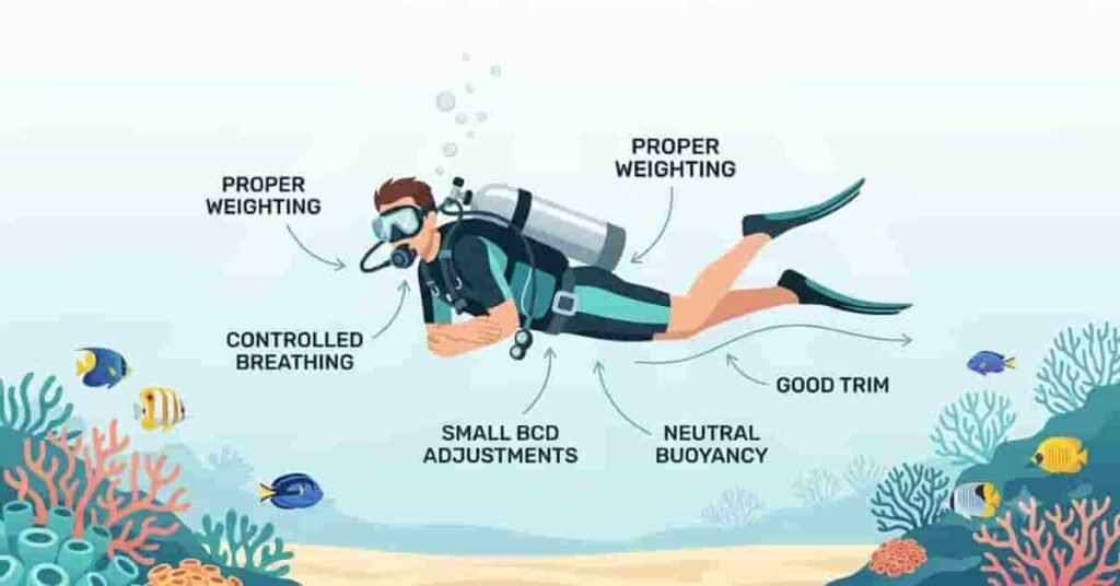 Professional 2D vector illustration of a beginner scuba diver maintaining perfect neutral buoyancy with proper weighting, controlled breathing, and correct BCD use underwater.
