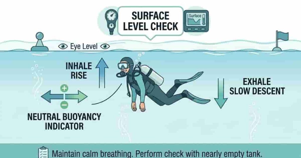 Step by step scuba buoyancy check infographic for beginner divers