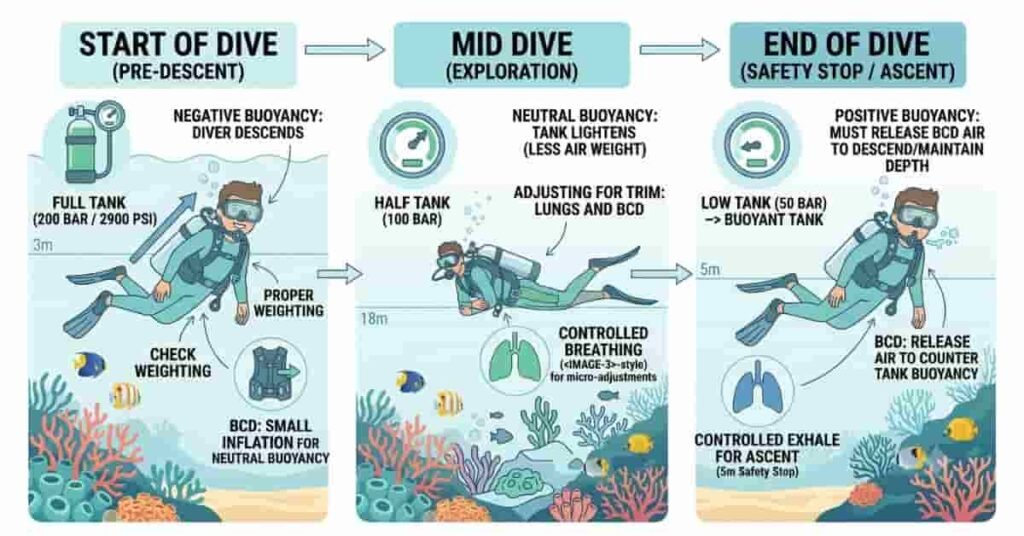 2D infographic showing how to maintain buoyancy throughout a scuba dive.