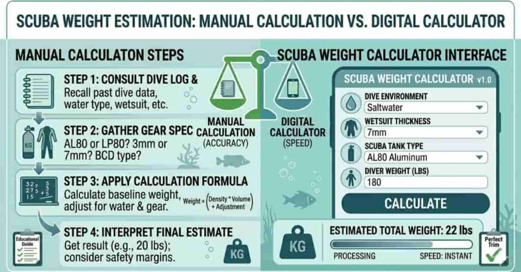 Comparison between manual scuba weight calculation and digital weight calculator tools.