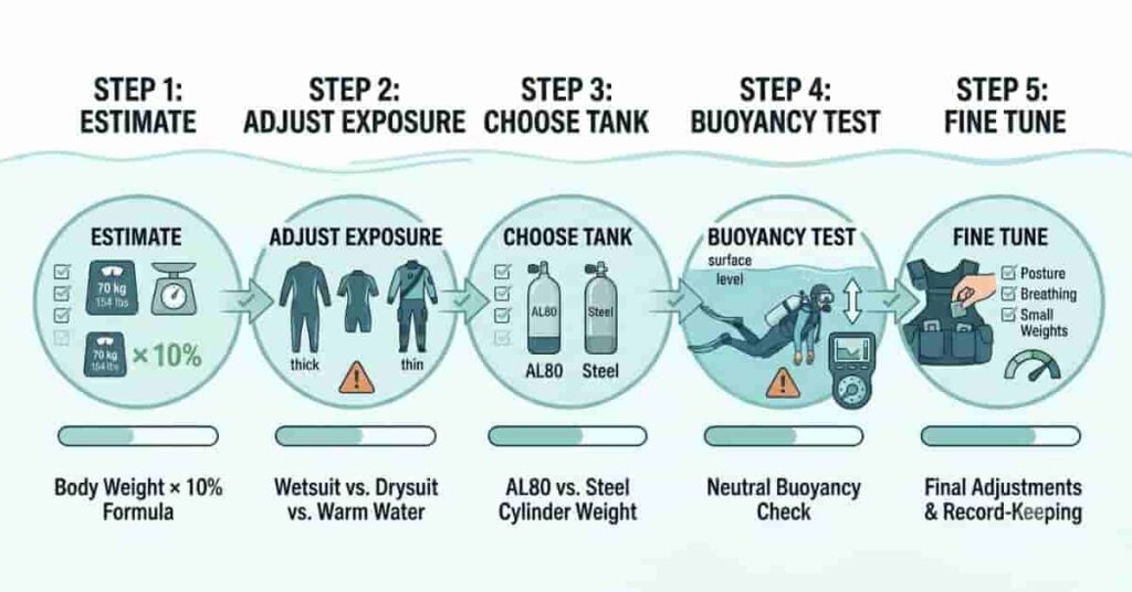 Modern scuba weight calculation infographic using buoyancy instead of percentage estimates