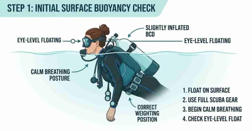 Diver performing pre-dive buoyancy check at surface before scuba diving