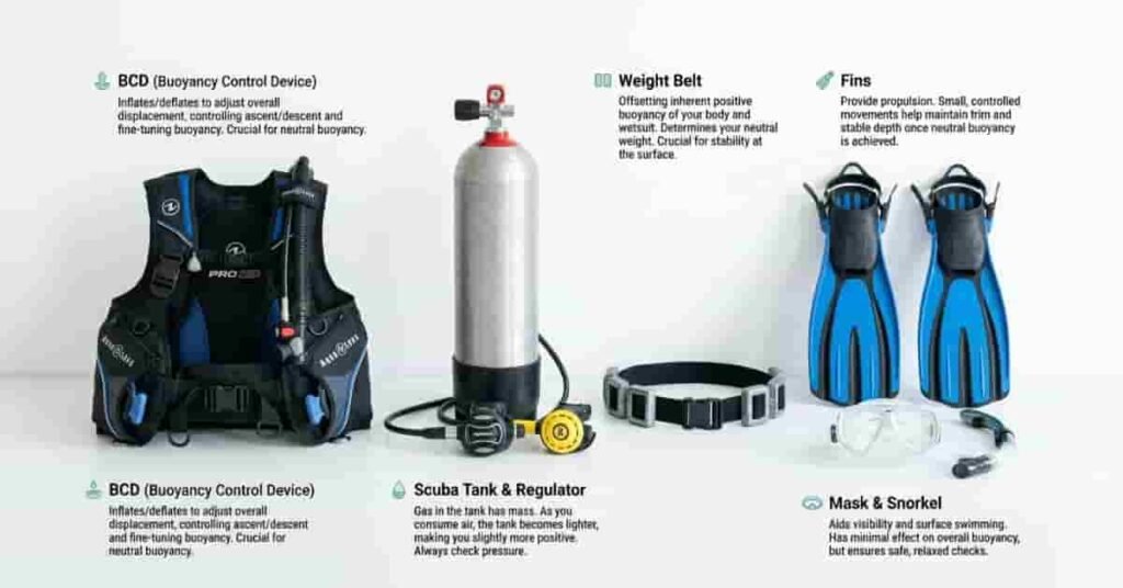 Scuba diving equipment setup preparation for a proper buoyancy check