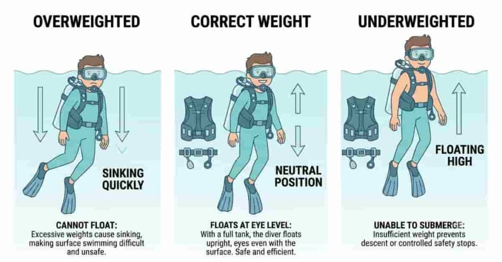 2D illustration showing proper scuba diving weight check with correct, overweighted, and underweighted examples.