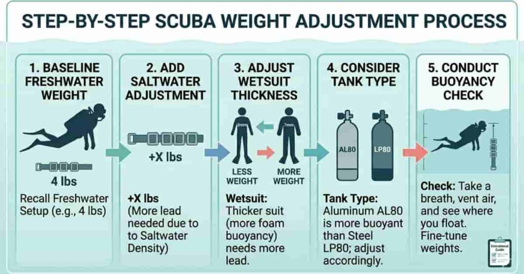 Step-by-step scuba weight adjustment formula diagram for saltwater and freshwater diving.