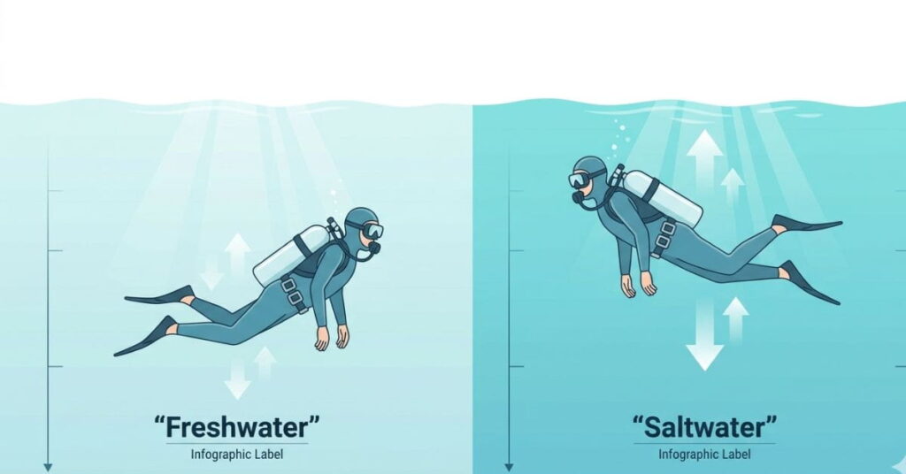 Scuba diver comparison showing buoyancy differences between saltwater and freshwater affecting scuba weight requirements.