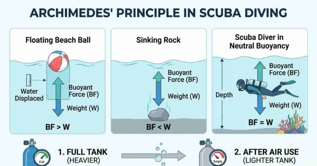 Educational vector infographic explaining Archimedes' principle, water displacement, and why scuba buoyancy changes during a dive.