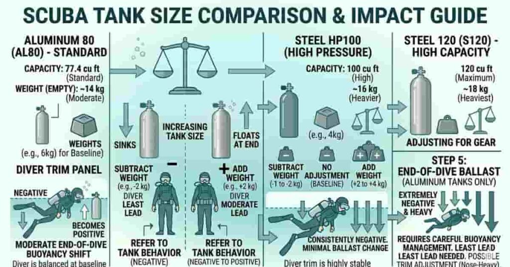 Illustration comparing scuba tank sizes and showing how tank capacity affects buoyancy and weighting.
